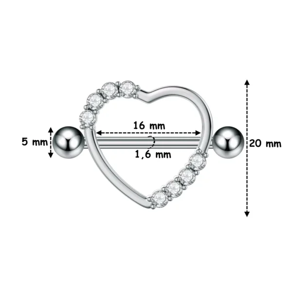 Piercing Téton Bouclier Cœur serti de Zirconiums Acier Chirurgical (dimensions) Piercing Téton Bouclier Cœur serti de Zirconiums Acier Chirurgical (dimensions)