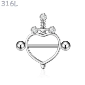Piercing Téton Cœur Poignard Zircons Acier 316L.