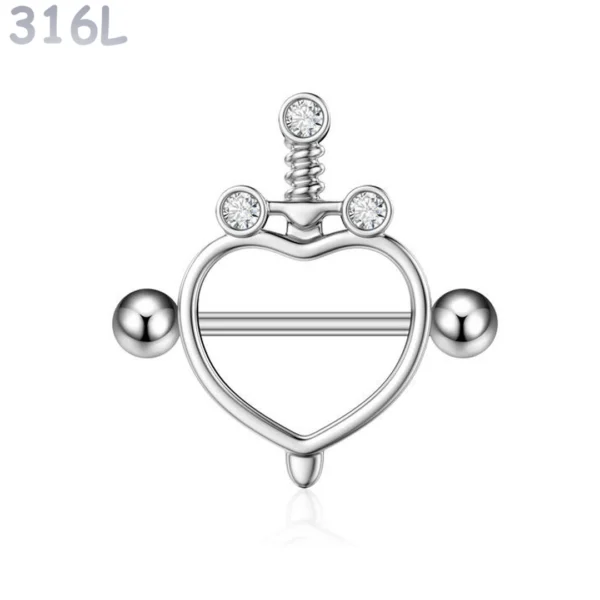 Piercing Téton Cœur Poignard Zircons Acier 316L.
