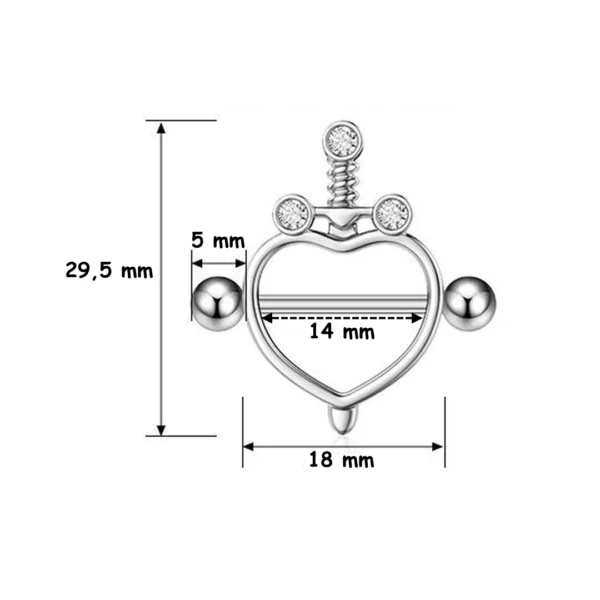 Piercing Téton Cœur Poignard Zircons Acier 316L (dimensions) Piercing Téton Cœur Poignard Zircons Acier 316L (dimensions).