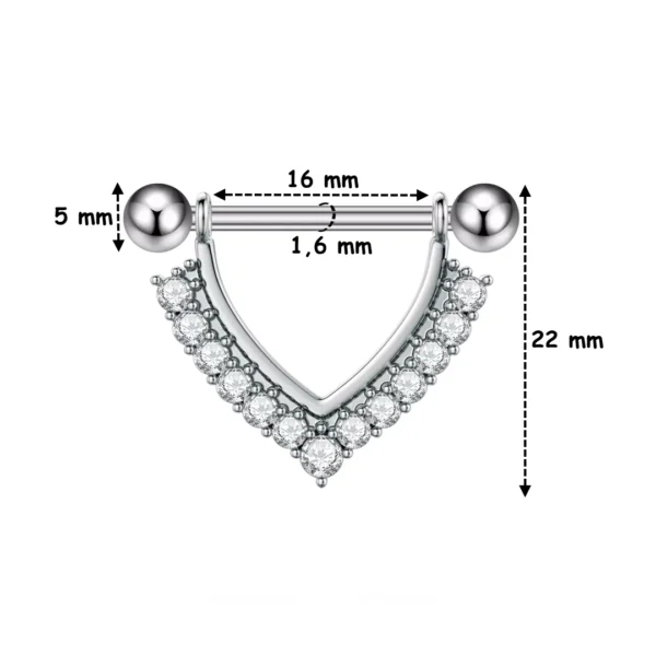 Piercing Téton ornement en V Pavé Zirconiums Acier Chirurgical 316L (dimensions) Piercing Téton ornement en V Pavé Zirconiums Acier Chirurgical 316L (dimensions)
