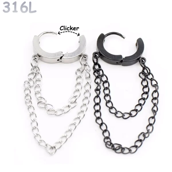 Boucles d'Oreilles Créoles Clicker Double Chaînes Pendantes Acier Boucles d'Oreilles Créoles Clicker Double Chaînes Pendantes Acier.