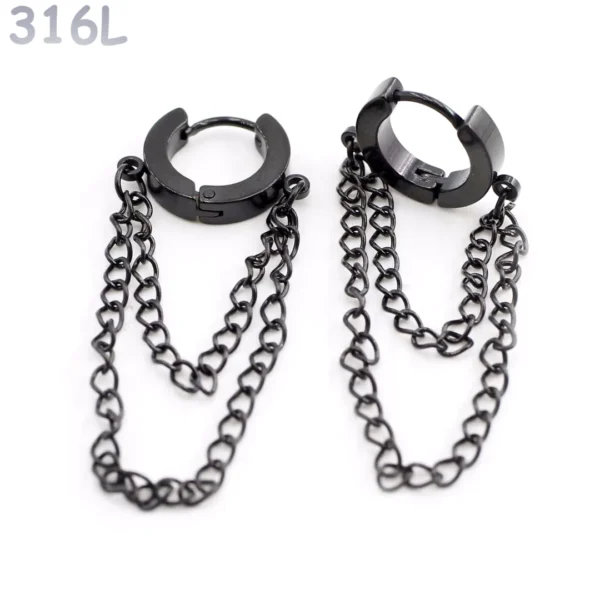 Boucles d'Oreilles Créoles Double Chaînes Pendantes Acier 316L Noir PVD Boucles d'Oreilles Créoles Double Chaînes Pendantes Acier 316L Noir PVD.