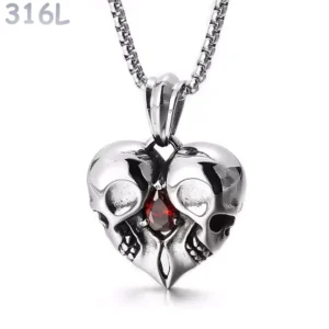 Collier Double Tête de Mort Cœur Acier 316L.