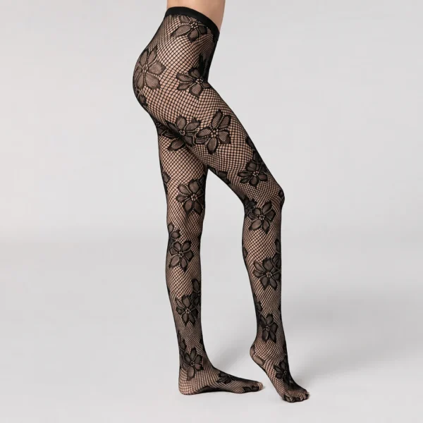 Femme avec Collant Résille à Fleurs Noir Taille Haute Femme avec Collant Résille à Fleurs Noir Taille Haute.