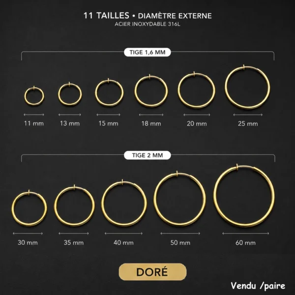 Faux Piercing Grandes Boucles d'Oreilles Créoles 11-60 mm Acier 316L Doré PVD Faux Piercing Grandes Boucles d'Oreilles Créoles 11-60 mm Acier 316L Doré PVD