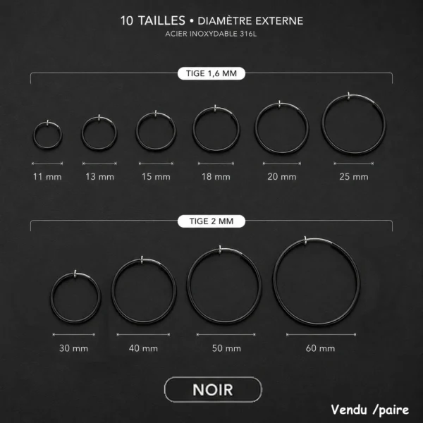 Faux Piercing Grandes Boucles d'Oreilles Créoles 11-60 mm Acier 316L Noir PVD Faux Piercing Grandes Boucles d'Oreilles Créoles 11-60 mm Acier 316L Noir PVD