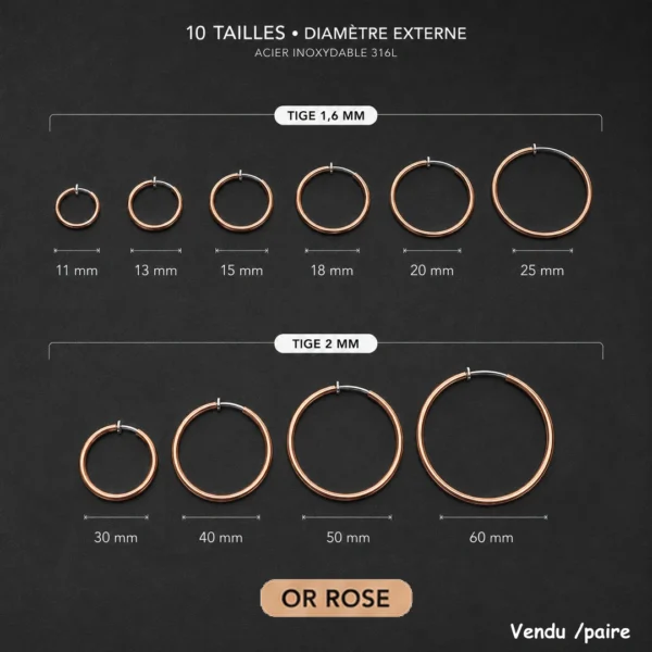Faux Piercing Grandes Boucles d'Oreilles Créoles 11-60 mm Acier 316L Or Rose PVD Faux Piercing Grandes Boucles d'Oreilles Créoles 11-60 mm Acier 316L Or Rose PVD