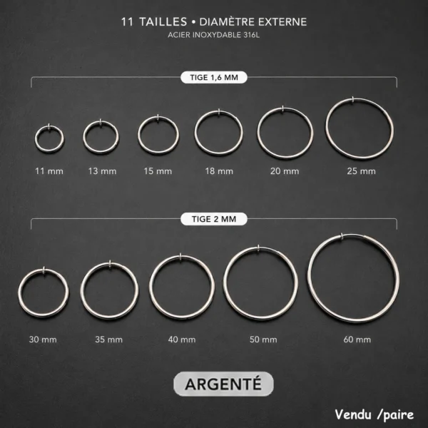 Faux Piercing Grandes Boucles d'Oreilles Créoles 11-60 mm Acier 316L Poli Faux Piercing Grandes Boucles d'Oreilles Créoles 11-60 mm Acier 316L Poli