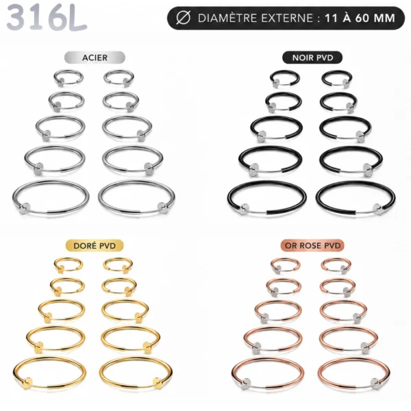 Faux Piercing Grandes Boucles d'Oreilles Créoles 11 à 60 mm Faux Piercing Grandes Boucles d'Oreilles Créoles 11 à 60 mm.