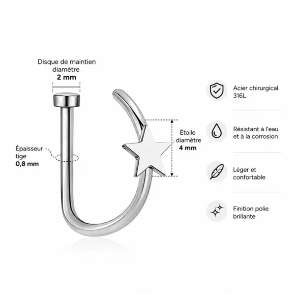 Faux Piercing Narine Anneau Étoile Acier Chirurgical 316L (dimensions) Faux Piercing Narine Anneau Étoile Acier Chirurgical 316L (dimensions)