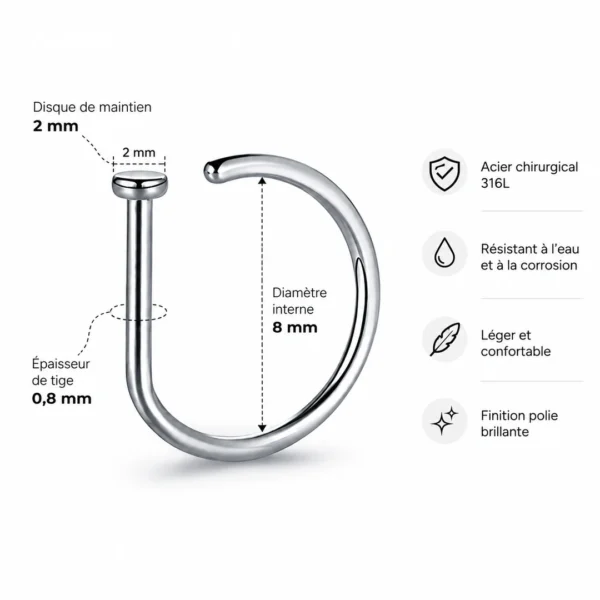 Faux Piercing Narine Anneau Fin 8 mm Acier 316L (dimensions) Faux Piercing Narine Anneau Fin 8 mm Acier 316L (dimensions)