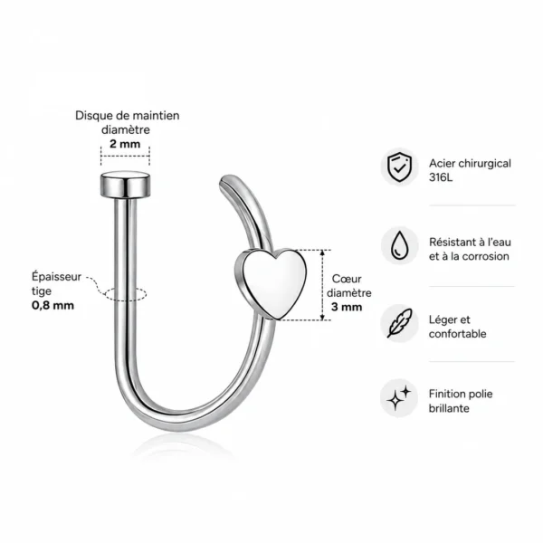 Faux Piercing Narine Anneau Motif Cœur Acier Chirurgical 316L (dimensions) Faux Piercing Narine Anneau Motif Cœur Acier Chirurgical 316L (dimensions)