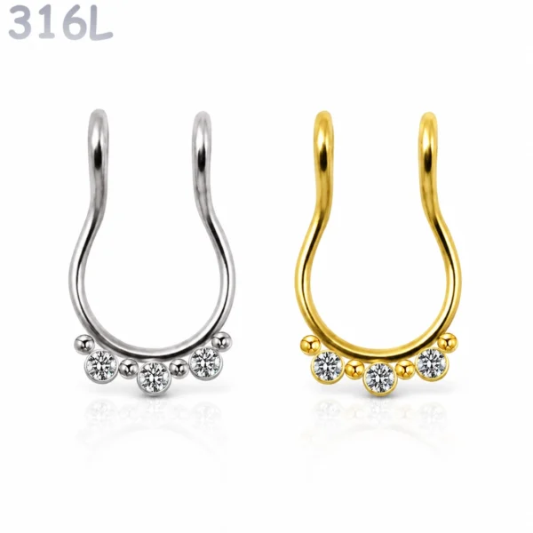 Faux Piercing Septum Anneau Billes & Zirconiums Acier 316L.