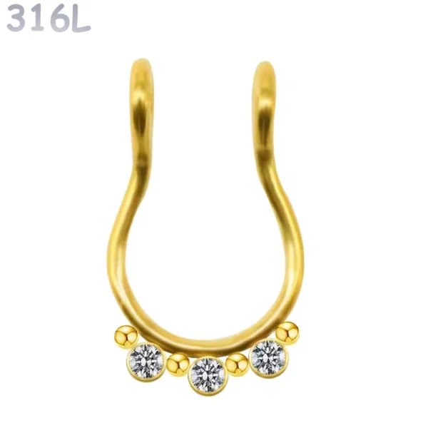 Faux Piercing Septum Anneau Billes & Zirconiums Acier Chirurgical 316L Doré PVD Faux Piercing Septum Anneau Billes & Zirconiums Acier Chirurgical 316L Doré PVD