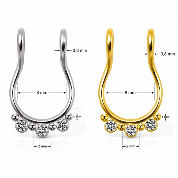 Faux Piercing Septum Anneau Billes & Zirconiums Acier Chirurgical 316L (dimensions) Faux Piercing Septum Anneau Billes & Zirconiums Acier Chirurgical 316L (dimensions)