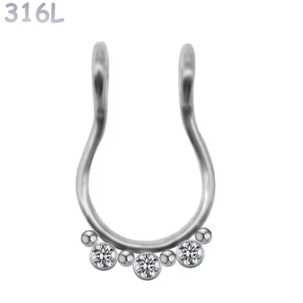 Faux Piercing Septum Anneau Billes & Zirconiums Acier Inoxydable 316L Poli Faux Piercing Septum Anneau Billes & Zirconiums Acier Inoxydable 316L Poli