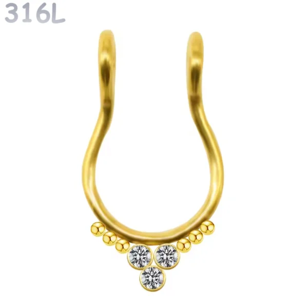 Faux Piercing Septum Couronne Zirconiums Acier Chirurgical 316L Doré PVD Faux Piercing Septum Couronne Zirconiums Acier Chirurgical 316L Doré PVD