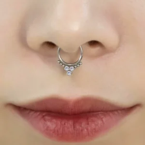 Femme avec Faux Piercing Septum Couronne Zirconiums Acier 316L Poli.