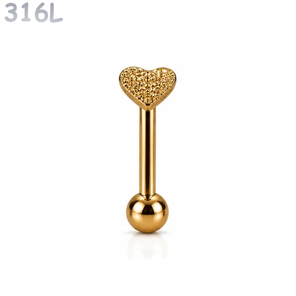 Piercing Langue Cœur Texturé Acier Chirurgical 316L Doré PVD Piercing Langue Cœur Texturé Acier Chirurgical 316L Doré PVD