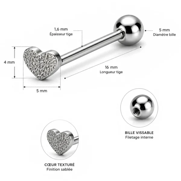 Piercing Langue Cœur Texturé Acier Chirurgical 316L (dimensions) Piercing Langue Cœur Texturé Acier Chirurgical 316L (dimensions)