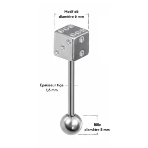 Piercing Langue Dé avec Zirconiums Acier Chirurgical 316L (dimensions).
