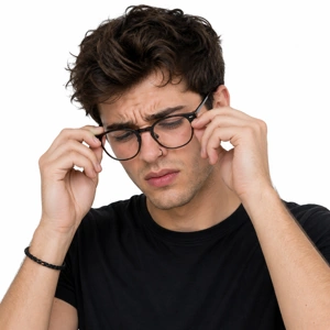 Homme en diffuculté pour mettre ses lunettes à cause de son piercing narine (nostril).