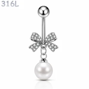 Piercing Nombril Nœud Pavé de Zirconiums et Perle Nacrée.