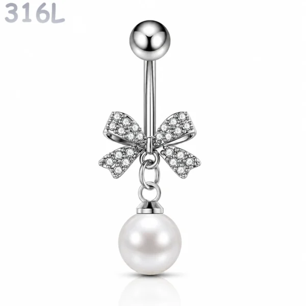 Piercing Nombril Nœud Pavé de Zirconiums et Perle Nacrée.