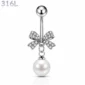 Piercing Nombril Nœud Pavé de Zirconiums et Perle Nacrée.