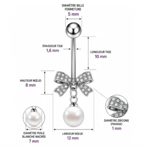 Piercing Nombril Nœud Pavé de Zirconiums et Perle Nacrée (dimensions).