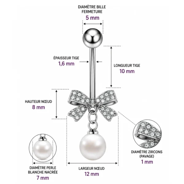 Piercing Nombril Nœud Pavé de Zirconiums et Perle Nacrée (dimensions) Piercing Nombril Nœud Pavé de Zirconiums et Perle Nacrée (dimensions).