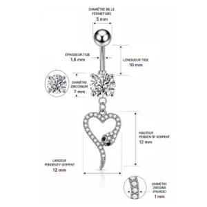 Piercing Nombril Serpent Formant un Cœur Pavé de Zirconiums (dimensions).