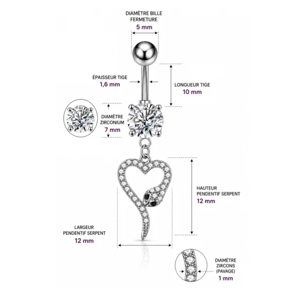 Piercing Nombril Serpent Formant un Cœur Pavé de Zirconiums (dimensions) Piercing Nombril Serpent Formant un Cœur Pavé de Zirconiums (dimensions).
