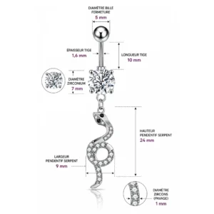 Piercing Nombril Serpent en Boucle Pavé de Zirconiums (dimensions).