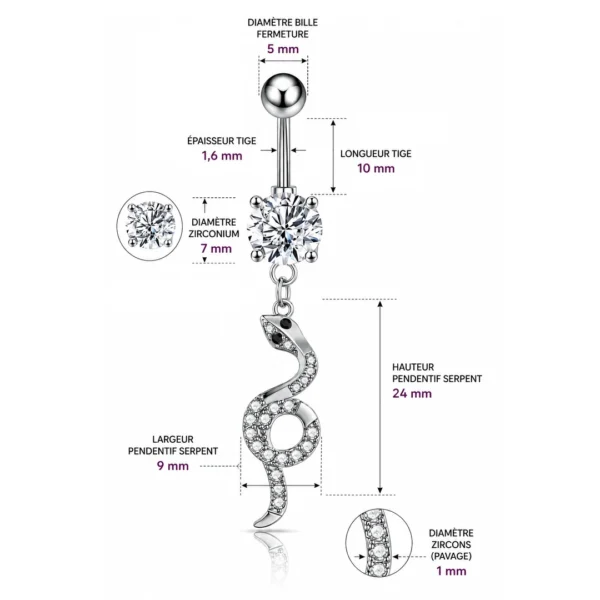 Piercing Nombril Serpent en Boucle Pavé de Zirconiums (dimensions) Piercing Nombril Serpent en Boucle Pavé de Zirconiums (dimensions).