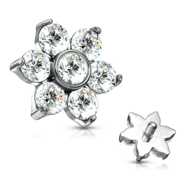 Embout Piercing Fleur de Zirconiums en Titane Gris Argenté Embout Piercing Fleur de Zirconiums en Titane Gris Argenté