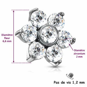 Embout Piercing Fleur de Zirconiums en Titane (dimensions).