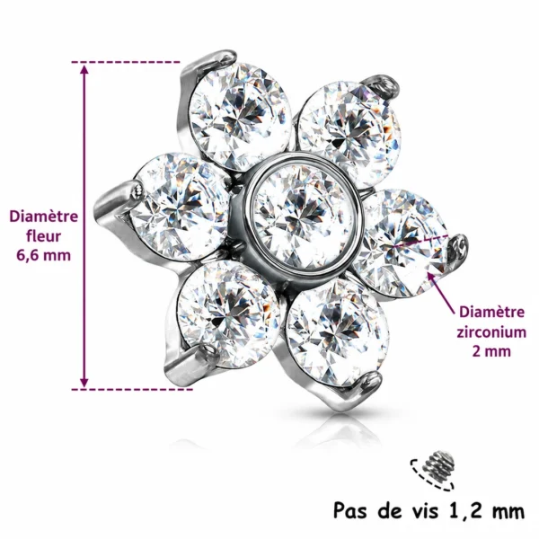 Embout Piercing Fleur de Zirconiums en Titane (dimensions) Embout Piercing Fleur de Zirconiums en Titane (dimensions)