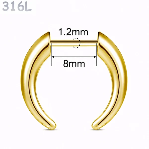 Faux Écarteur Septum Corne de Buffle Threadless 16G Doré PVD Faux Écarteur Septum Corne de Buffle Threadless 16G Doré PVD.