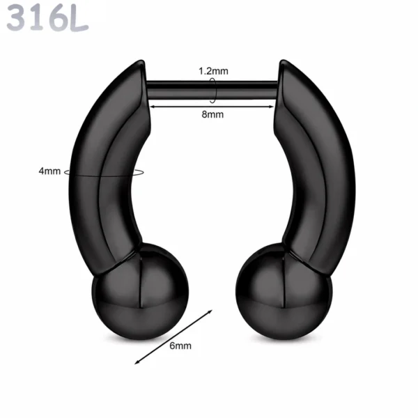 Faux Écarteur Septum Fer à Cheval 4 mm Threadless 16G Acier Noir PVD Faux Écarteur Septum Fer à Cheval 4 mm Threadless 16G Acier Noir PVD.