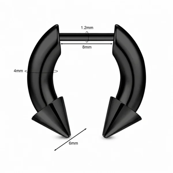 Faux Écarteur Septum Fer à Cheval à Pointes Threadless 16G Acier Noir PVD Faux Écarteur Septum Fer à Cheval à Pointes Threadless 16G Acier Noir PVD.