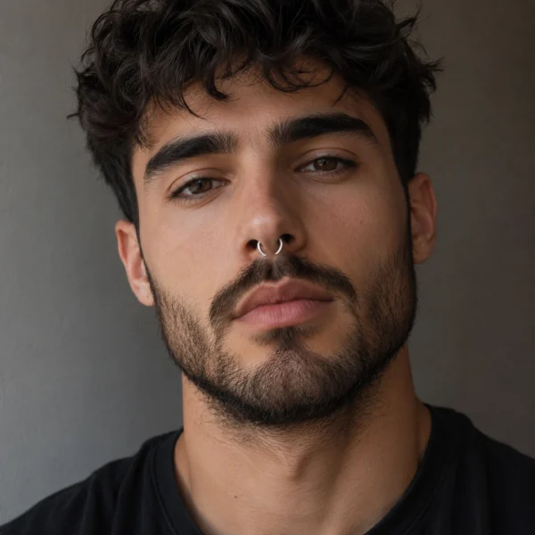Homme avec Faux Écarteur Septum Corne de Buffle Threadless 16G Homme avec Faux Écarteur Septum Corne de Buffle Threadless 16G.