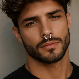 Homme avec Faux Écarteur Septum Fer à Cheval 4 mm Threadless 16G.