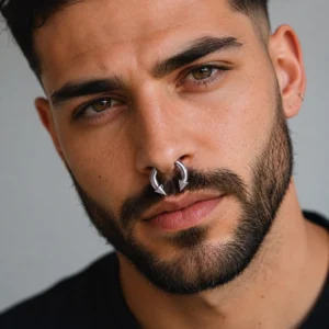 Homme avec Faux Écarteur Septum Fer à Cheval à Pointes Threadless 16G.