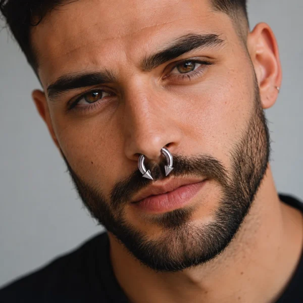 Homme avec Faux Écarteur Septum Fer à Cheval à Pointes Threadless 16G Homme avec Faux Écarteur Septum Fer à Cheval à Pointes Threadless 16G.