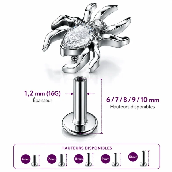 Piercing Araignée Labret Titane à Zirconium Griffé (dimensions labret) Piercing Araignée Labret Titane à Zirconium Griffé (dimensions labret)