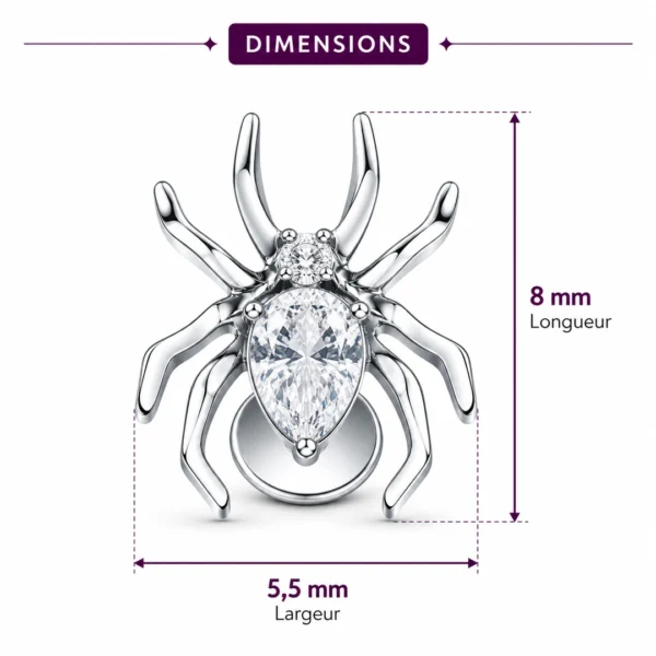 Piercing Araignée Labret Titane à Zirconium Griffé (dimensions motif araignée) Piercing Araignée Labret Titane à Zirconium Griffé (dimensions motif araignée)