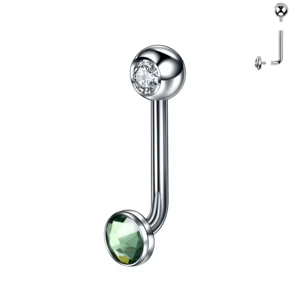Piercing L-Bent Titane ASTM-F136 avec Bille Sertie & Sphère à Zirconium Vert Piercing L-Bent Titane ASTM-F136 avec Bille Sertie & Sphère à Zirconium Vert.