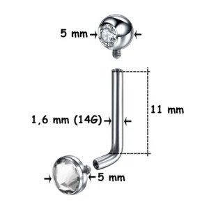 Piercing L-Bent Titane ASTM-F136 avec Bille & Sphère Serties (dimensions) Piercing L-Bent Titane ASTM-F136 avec Bille & Sphère Serties (dimensions).